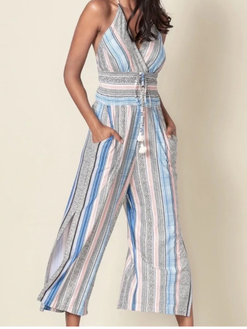 Venus Striped Halter Jumpsuit in Blue and Cream